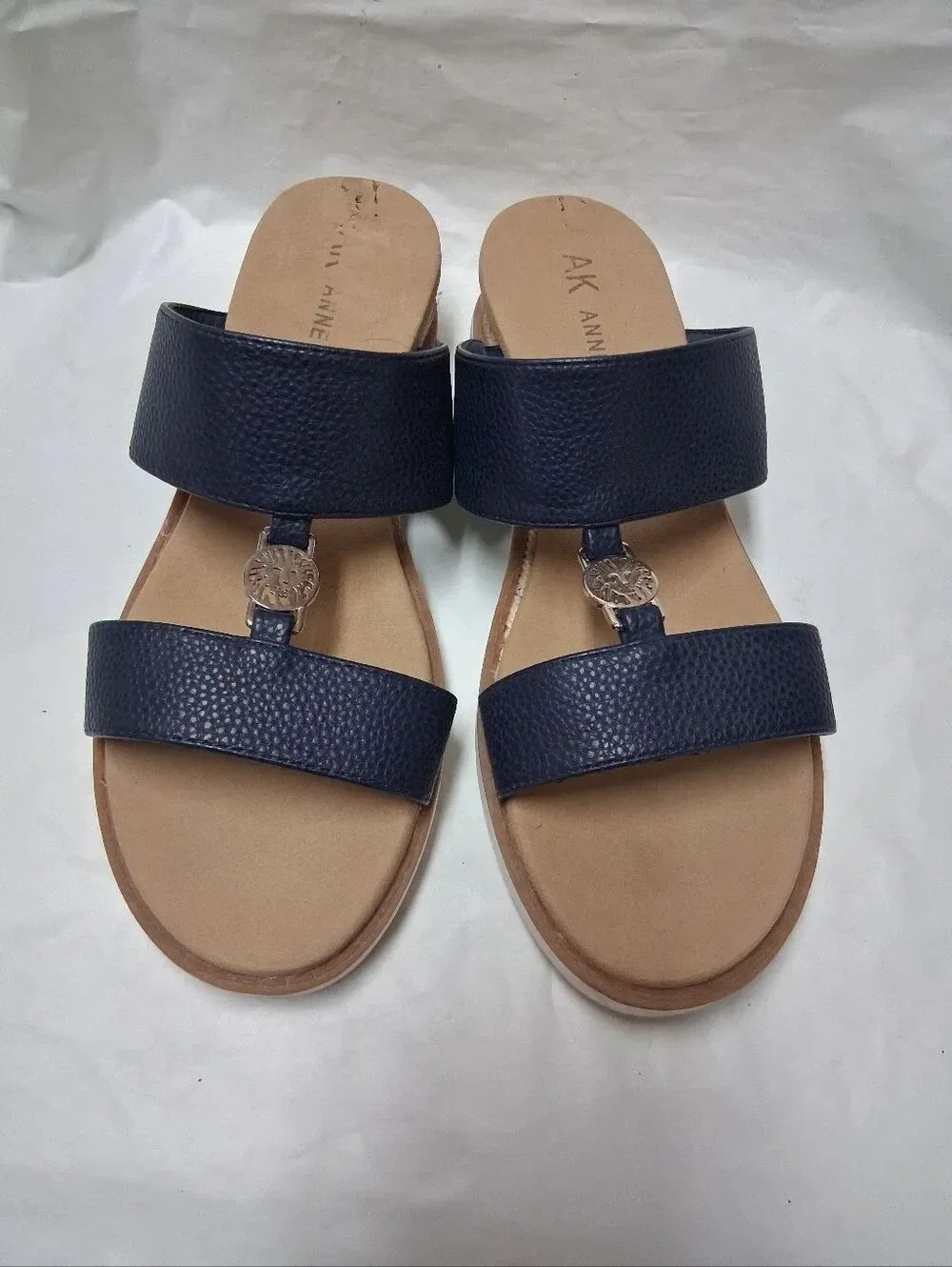 Anne Klein Navy Double-Band Slide Sandals with Gold Medallion Size 10M Preowned